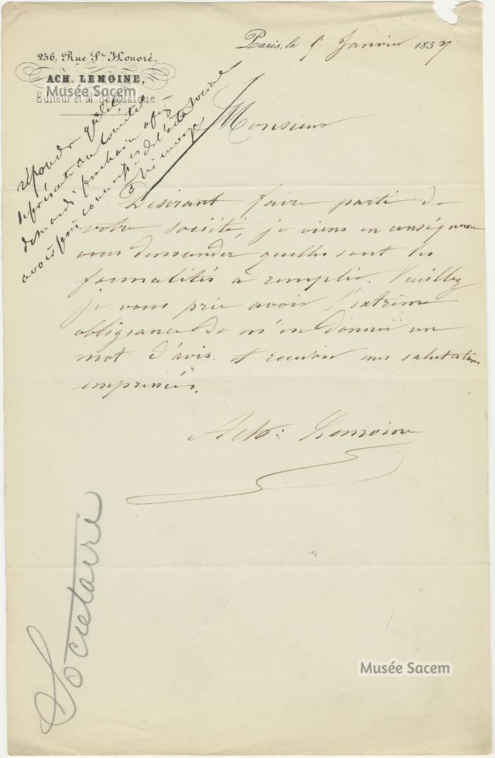 Courrier de Achille Lemoine à la Sacem relatif à sa demande d