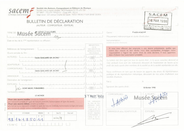 Musée SACEM Bulletin de déclaration Je viens d ailleurs