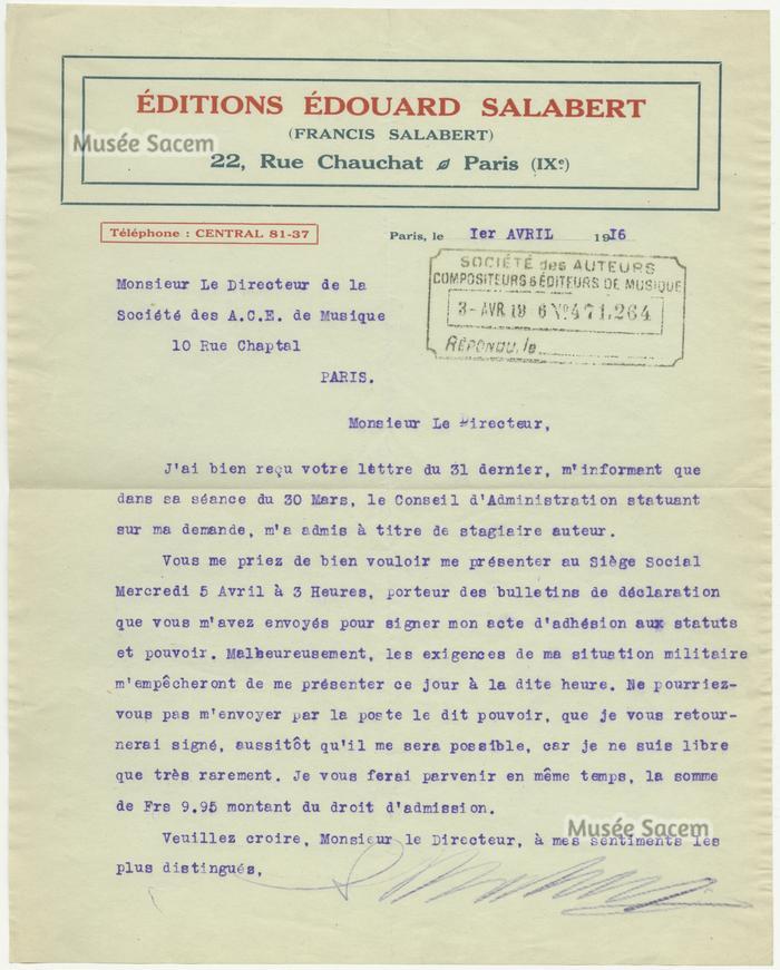 Mus E Sacem Courrier De Francis Salabert La Sacem Relatif La